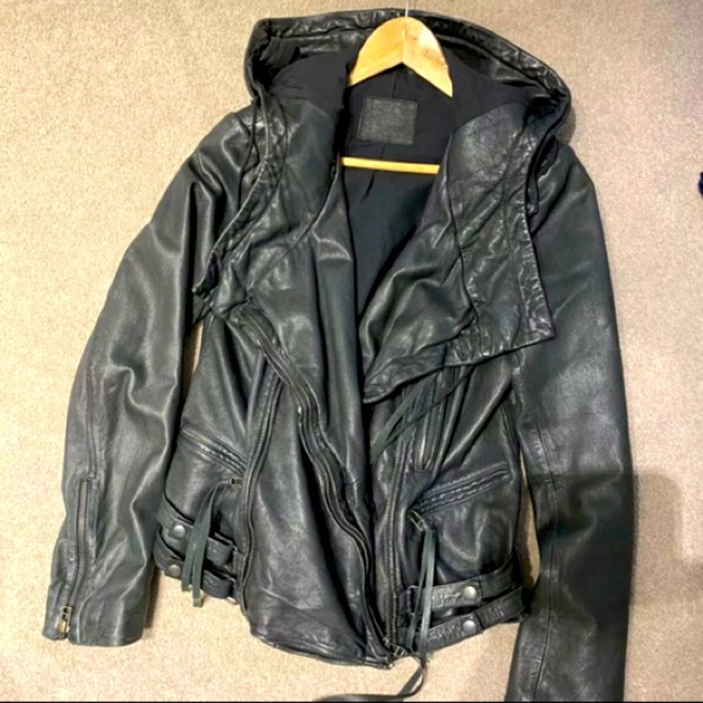 Allsaints Leather Jacket with Hood - US 8/ UK 12